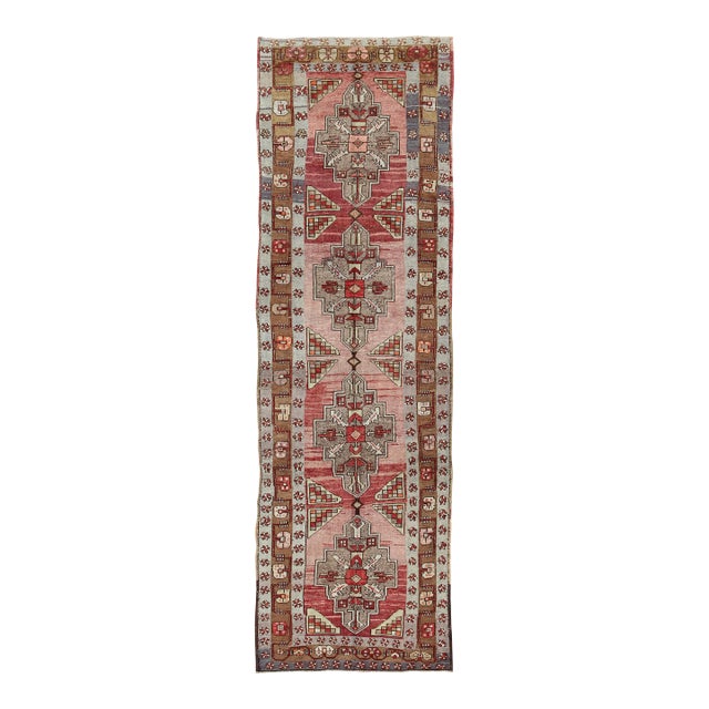 Vintage Turkish Oushak Long Runner With Rose and Pink 4'2" X 14'0" For Sale