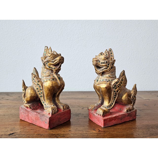 Late 19th Century Antique Southeast Asian Burmese Glass Jewel Inlaid Qilin Foo Dog Lion Figure Carvings - a Pair For Sale - Image 5 of 12