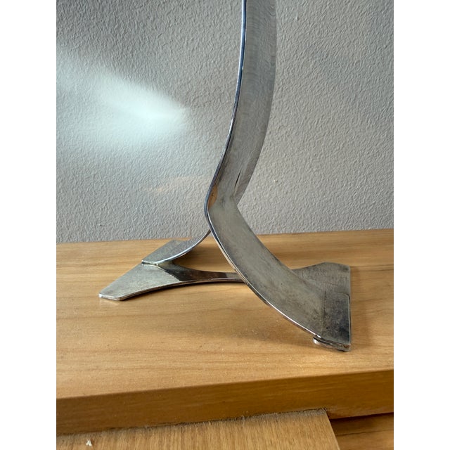 Modern Mid-Century Sculptural Chrome Candlestick With Curved Stem and Architectural Base For Sale - Image 3 of 8