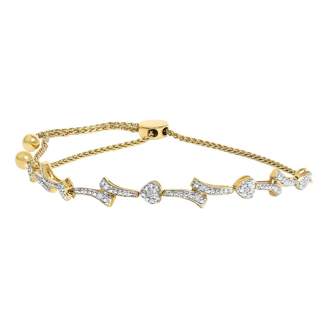 14K Yellow Gold Plated .925 Sterling Silver Diamond Accent Heart and Wave Link Bolo Bracelet (I-J Color, I2-I3 Clarity) - 6" to 9" Adjustable For Sale
