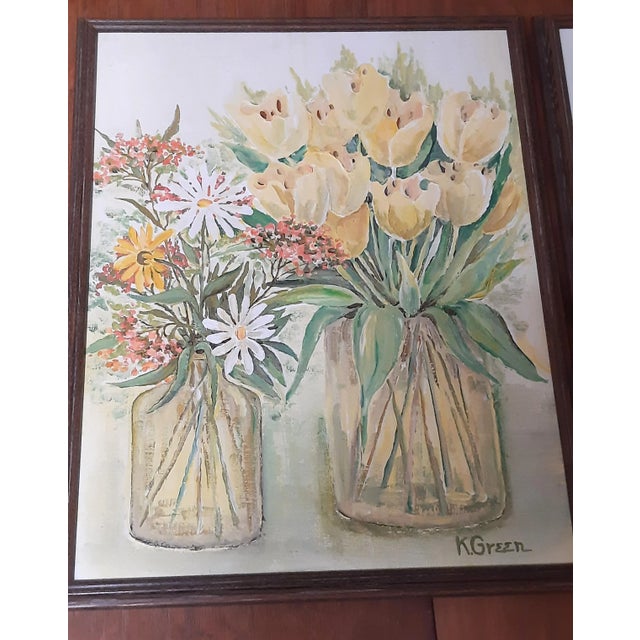 Mid-Century Modern Garden Floral Painting Two Bouquets Flowers For Sale - Image 3 of 11