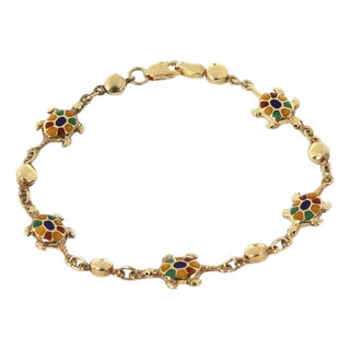 Mid 20th Century Multi-Color Enamel Turtle 14k Yellow Gold Charms Bead Bracelet For Sale