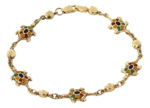Mid 20th Century Multi-Color Enamel Turtle 14k Yellow Gold Charms Bead Bracelet
