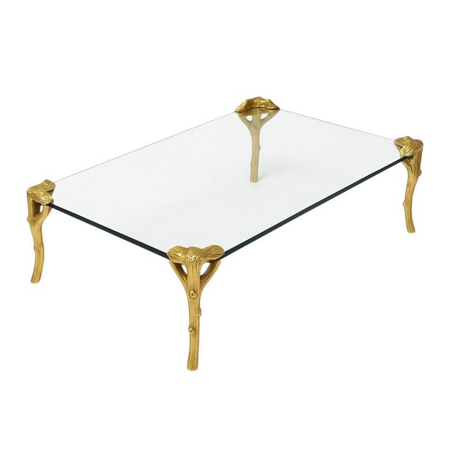 Italian 1970s Italian Maison Jansen Inspired Gilt Metal Faux Bois Glass Top Coffee Table For Sale - Image 3 of 5