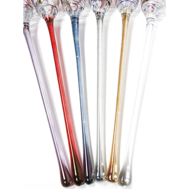 Vintage French Style Hand Blown Art Glass Long Stem Champagne Flutes With Matching Vase - 7 Piece Set For Sale - Image 9 of 14