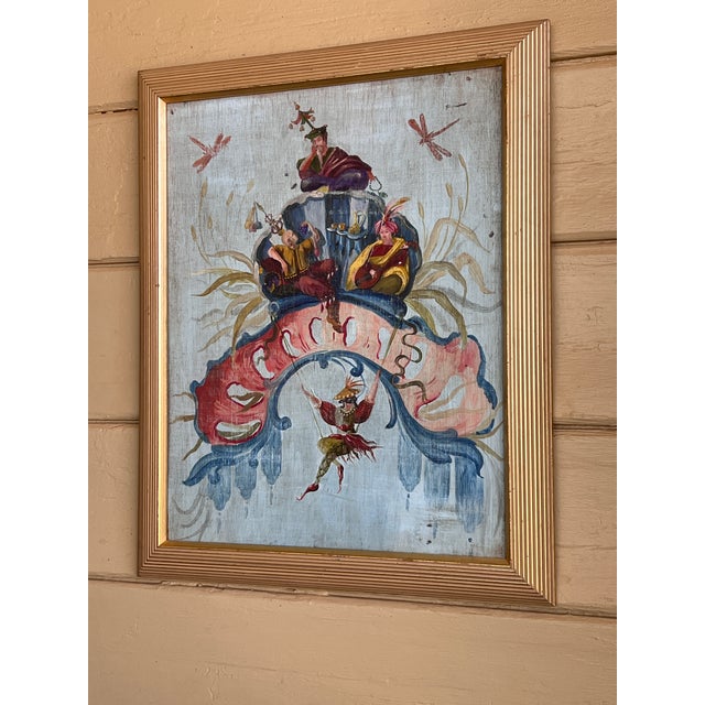 Fine French Chinoiserie Chic Figurative Whimsical Oil on Wood Painting in Gilt Frame For Sale - Image 16 of 18