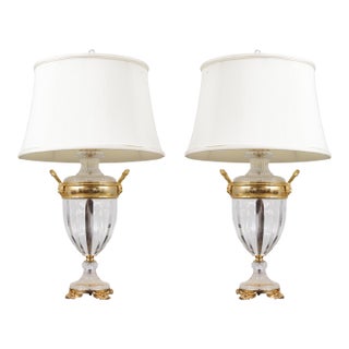 1980s Pair Sunning Italian Brass & Crystal Urn Style Table Lamps For Sale