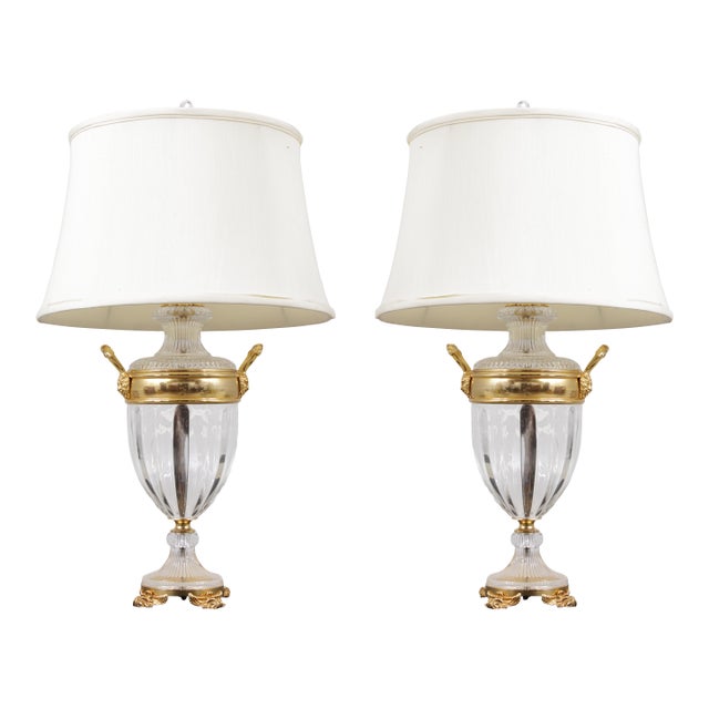 1980s Pair Sunning Italian Brass & Crystal Urn Style Table Lamps For Sale