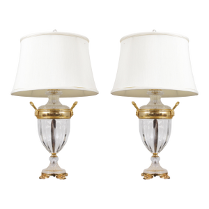 1980s Pair Sunning Italian Brass & Crystal Urn Style Table Lamps
