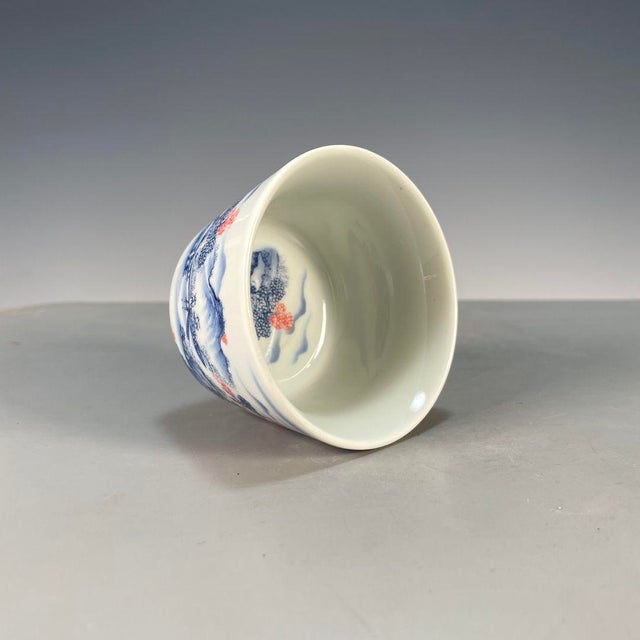 White Vintage Blue & White Underglaze Red Porcelain Teacup – Landscape Scene, Qianlong Mark For Sale - Image 8 of 9