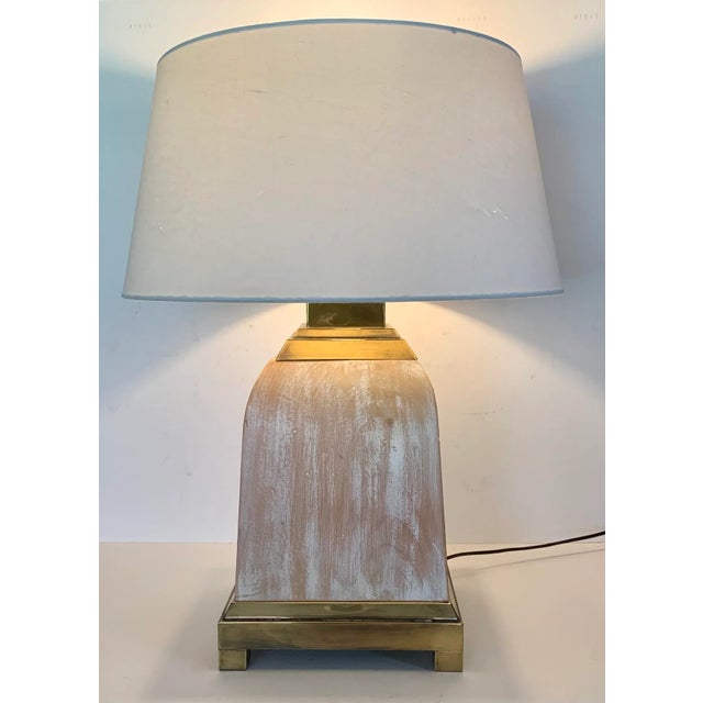 1980s Vintage 1980s White Washed Wood and Brass Square Lamp With Shade For Sale - Image 5 of 12