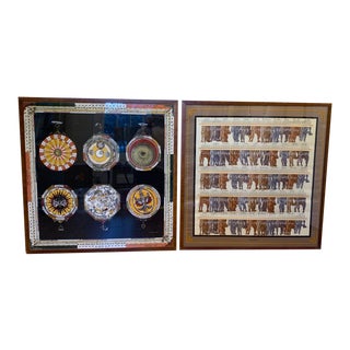 Pair Framed Scarves in Burl Wood Frames For Sale