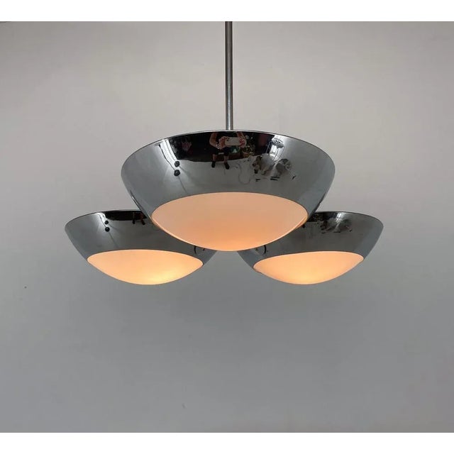 Rare functionalist chandelier by Zukov from 1940s. Polished, good vintage condition. 3x40W, E25-E27 sockets. US wiring...