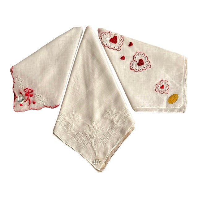 Mid 20th Century Vintage Burmel Original Cotton Embroidered Handkerchiefs Set of 3 For Sale