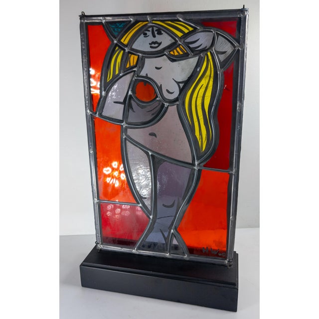 Mid-Century Modern 1960's Mid-Century Stained Glass Window Panel of a Figure, Signed For Sale - Image 3 of 16