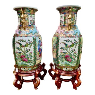 Pair of Large Antique Famille Rose Medallion Chinese Vases With Rosewood Stands For Sale