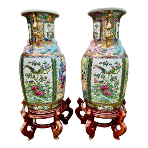 Pair of Large Antique Famille Rose Medallion Chinese Vases With Rosewood Stands