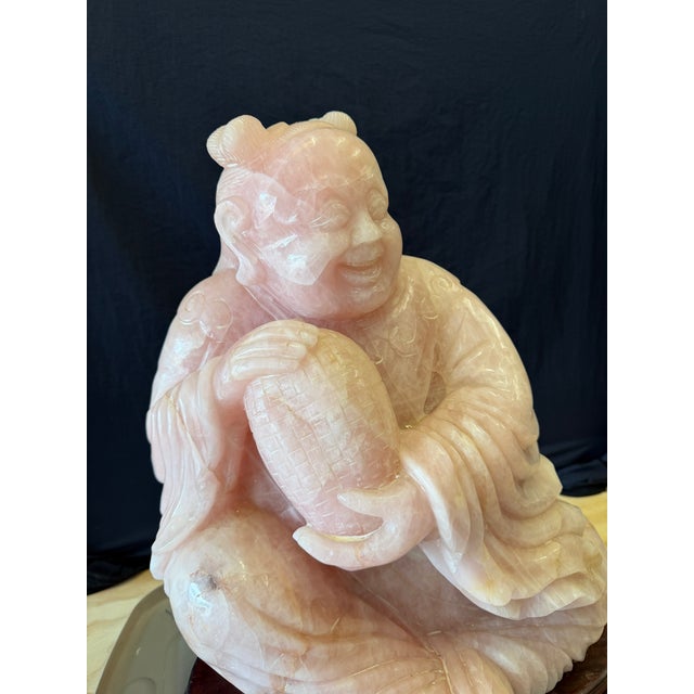 Large Vintage Chinese Carved Rose Quartz Boy Sculpture on Hardwood Stand For Sale In West Palm - Image 6 of 7