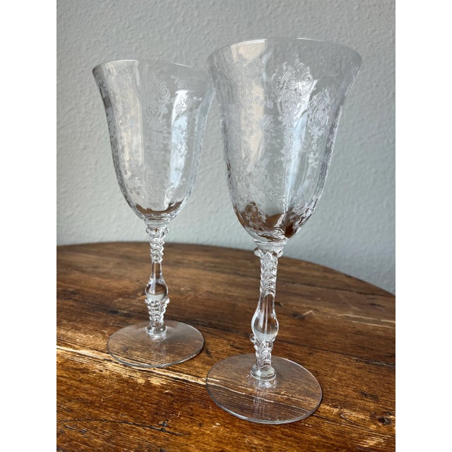 American 1930s Cambridge Tall Crystal Water Goblets Rosepoint Clear and Portia Clear Patterns- Set of 4 For Sale - Image 3 of 11