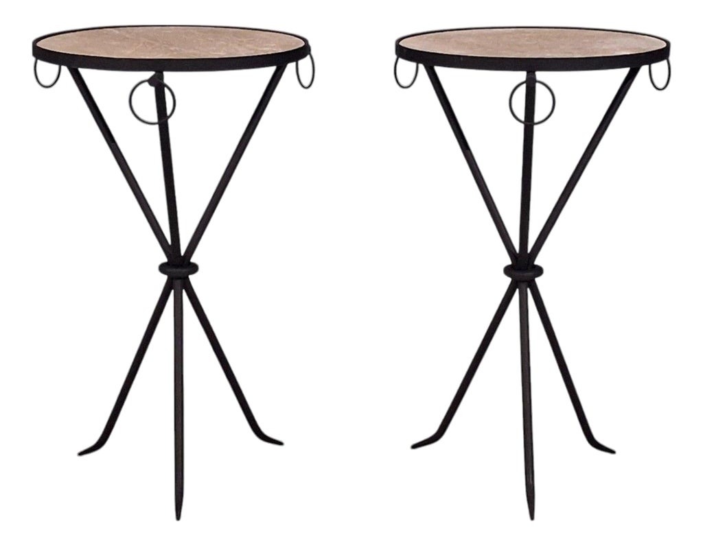 Jean-Michel Frank Style, Side Tables, Painted Iron, Travertine, 20th C.