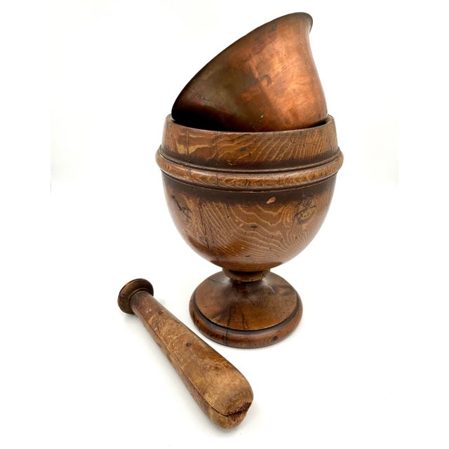 Brown Early 19th Century Tiger Oak and Copper Extra Large Footed Primitive Industrial Apothecary Mortar an For Sale - Image 8 of 12