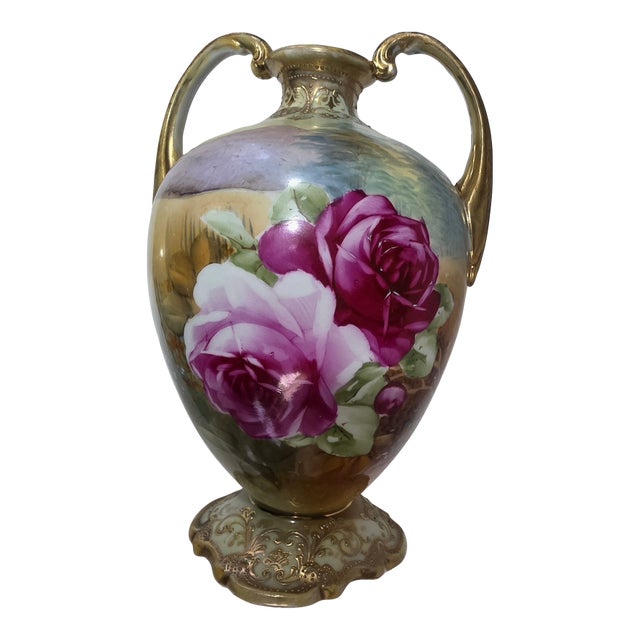 Nippon Hand Painted Flowers Vase With Two Gilded Handles For Sale