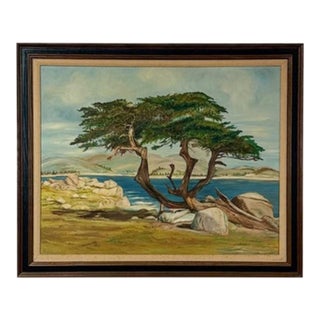 Vintage Oil Painting Coastal Landscape Gnarled Tree Seascape Signed Framed For Sale