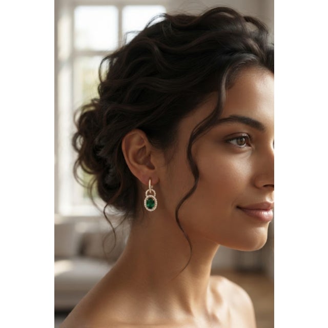 Emerald Natural 2.45cts Emerald & 0.81cts Diamond Earring in 18k Gold For Sale - Image 8 of 8