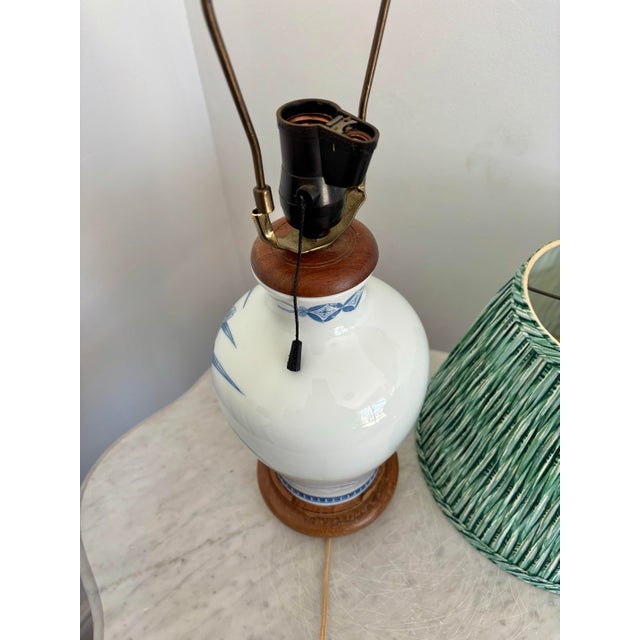 Wood 1970s Japanese Iris Lamp With Green Pleated Shade For Sale - Image 7 of 11
