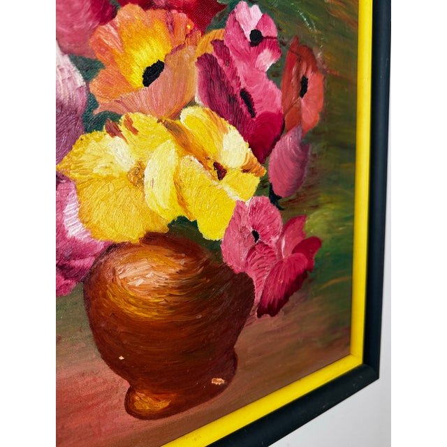 Vintage Mid Century Impressionist "Poppy" Floral Still Life Original Oil Framed Painting in Bottle Green, Dark Pink & Canary Yellow For Sale - Image 11 of 12