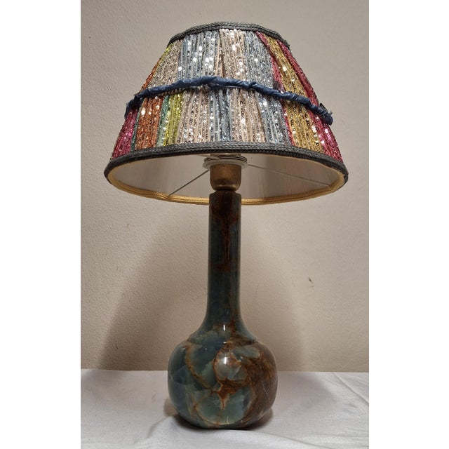 Table Lamp with Blue-Brown Marble Base and Handmade Fabric Shade, 1970s For Sale - Image 4 of 11