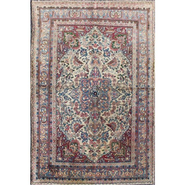 Textile Detailed Antique Lavar Kerman Rug With Floral Design in Ivory Background For Sale - Image 7 of 7