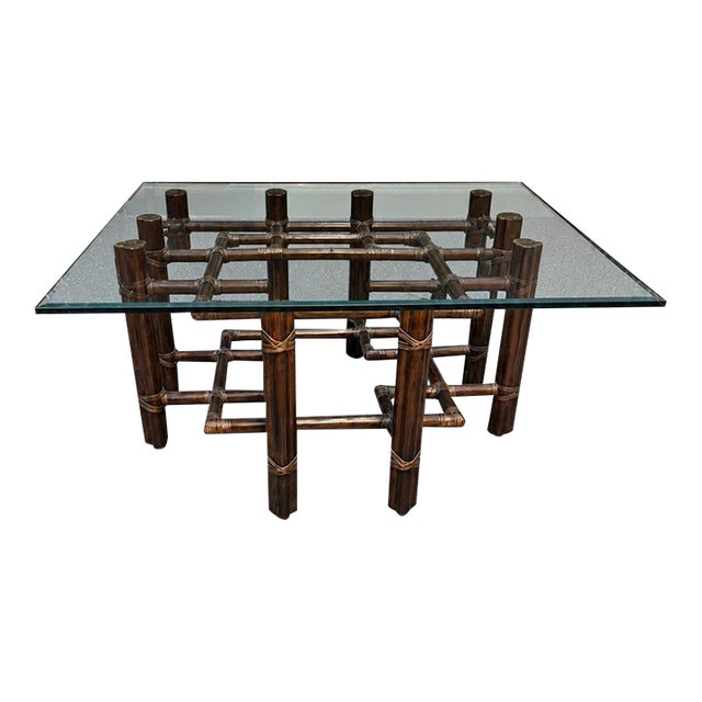 1970’s McGuire Turned Hardwood Brass Glass Cocktail/Coffee Table, Model 66s For Sale