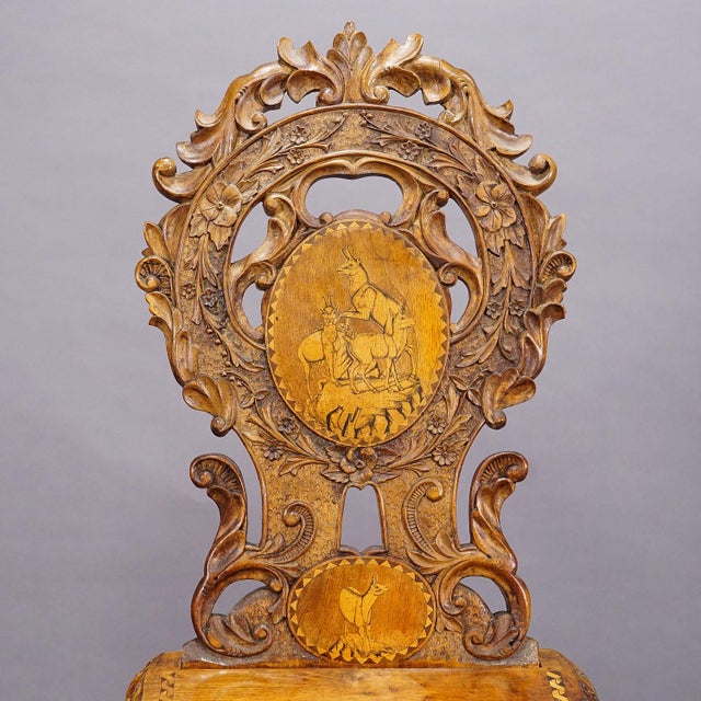 Rare Nutwood Edelweis Marquetry Chair Swiss Brienz 1900 For Sale - Image 6 of 12