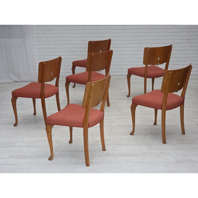 1950s, set of 6 Danish dining chairs. Striped red furniture wool, solid oak wood. Chairs were reupholstered by craftsman...
