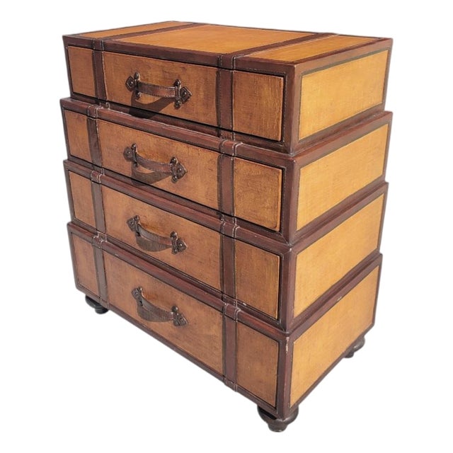 Vintage Stacked Graduated Luggage Leather Grasscloth Ralph Lauren Style 4 Drawer Chest For Sale