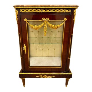 French Louis XV Marble Top Nightstand With Glass Display Door & Gold Leaf Details For Sale
