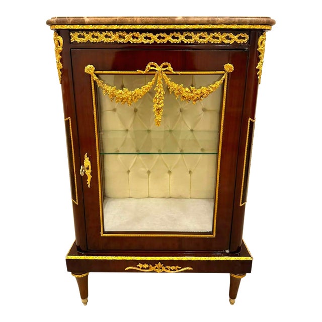 French Louis XV Marble Top Nightstand With Glass Display Door & Gold Leaf Details For Sale