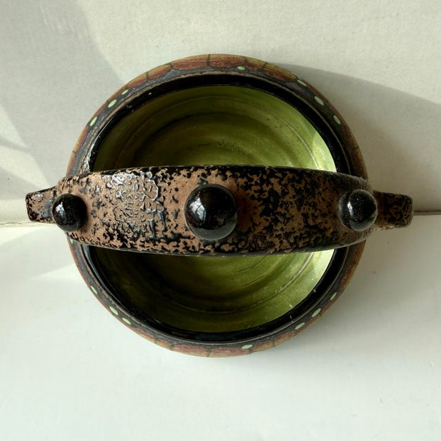 Vintage BFS Czechoslovakia Art Deco Hand Painted Pottery Bowl With Handle Leaf and Berry Design For Sale - Image 11 of 12