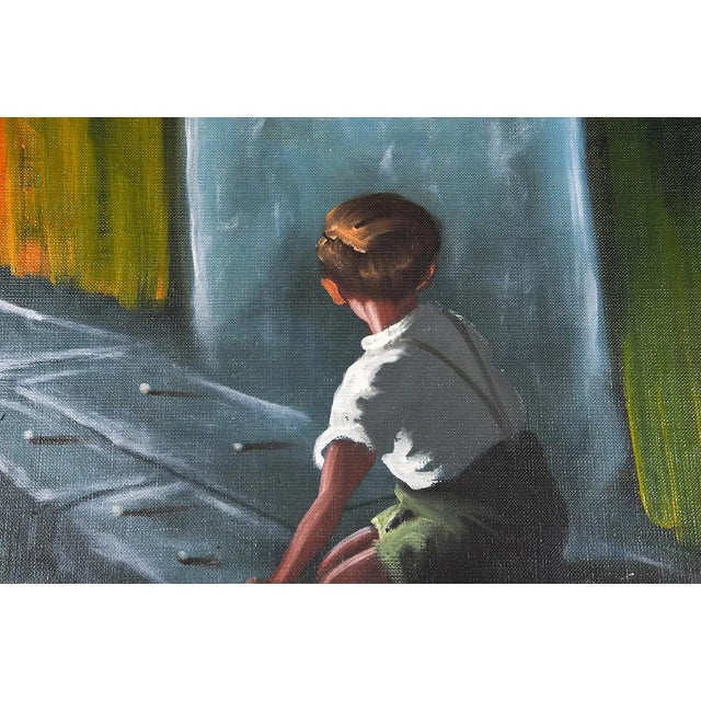Mid-Century Modern Boy at Play W Marbles Original Painting Signed For Sale - Image 3 of 6