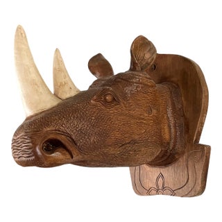 Large Hand Carved Wood Rhinoceros Head Wall Hanging For Sale