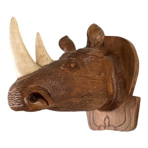 Large Hand Carved Wood Rhinoceros Head Wall Hanging