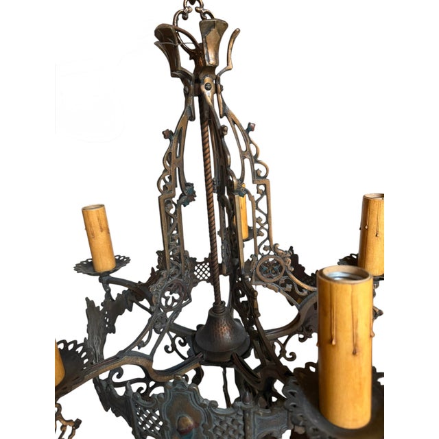 Antique Spanish Revival 5 Light Chandelier With Original Polychrome Paint For Sale In Los Angeles - Image 6 of 13