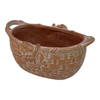 Vintage Faux Wicker Basket Terra Cotta Planter With Cherries For Sale