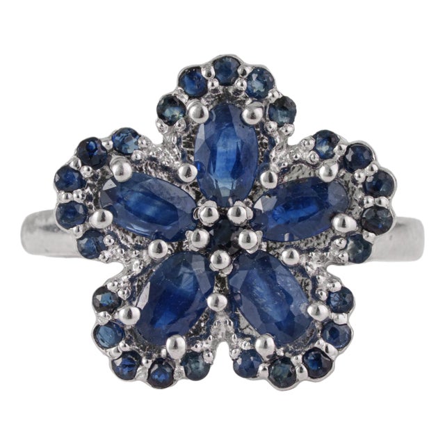 Vintage Style 2.28 Ct Natural Sapphire Floral Cluster Ring, Size 4.5 For Sale