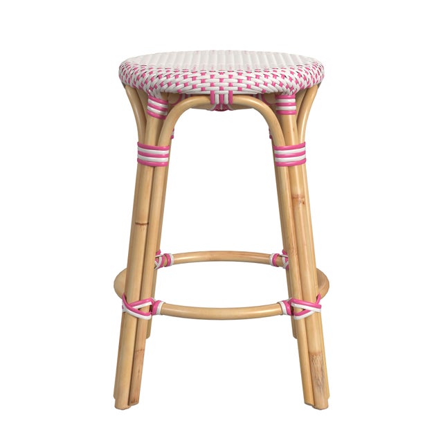 Spritely Home Accent Furniture Tobias 24 in. Seat Height Round Rattan Backless Counter Stool, White/Pink Dot/ Natural Rattan Frame For Sale - Image 4 of 7