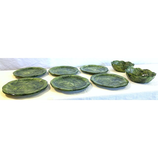 Green Vintage Italian Majolica Vietri Leonardo Ceramic Leaf Dishes- Set of 8 For Sale - Image 8 of 14