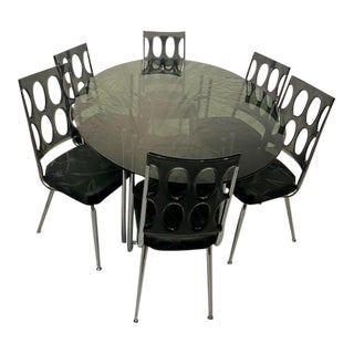 1970s Chromcraft Lucite High-Back Dining Set With 6 Chairs, Chrome Table Base and Smoked Glass Oval Top - Set of 8 For Sale