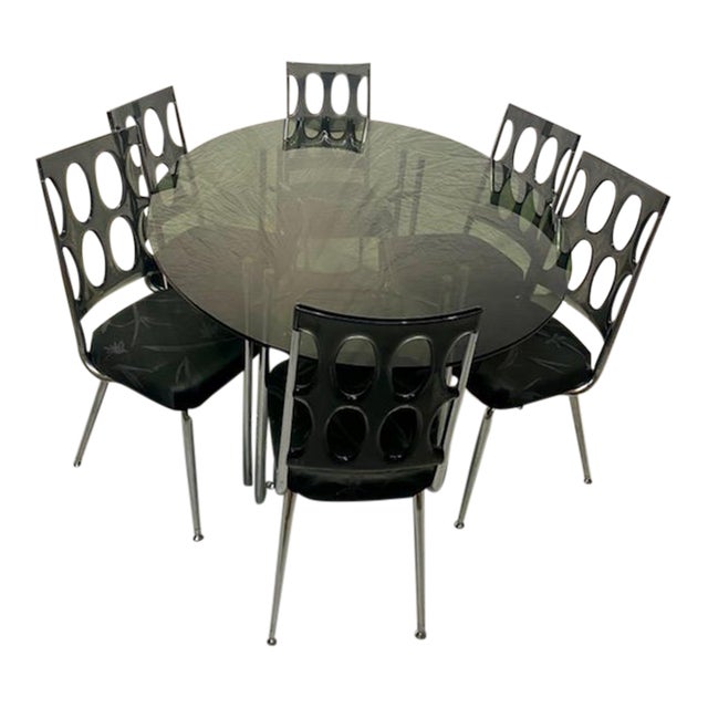 1970s Chromcraft Lucite High-Back Dining Set With 6 Chairs, Chrome Table Base and Smoked Glass Oval Top - Set of 8 For Sale