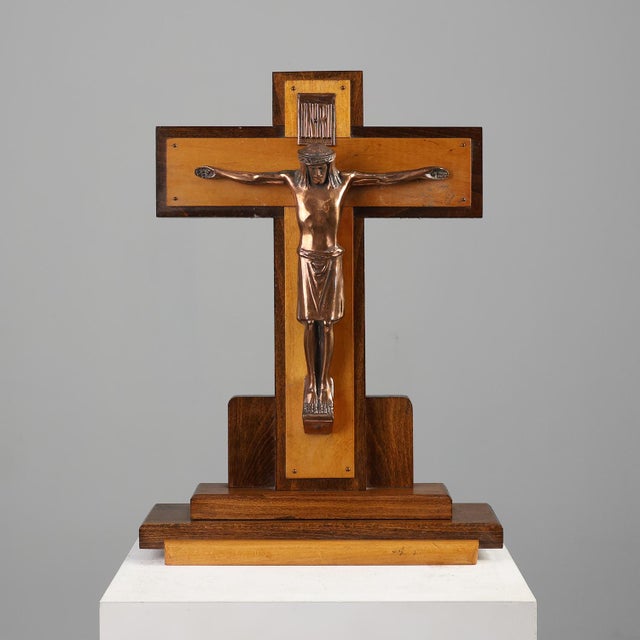 Belgian Crucifix in Oak and Copper, 1920 For Sale - Image 13 of 13